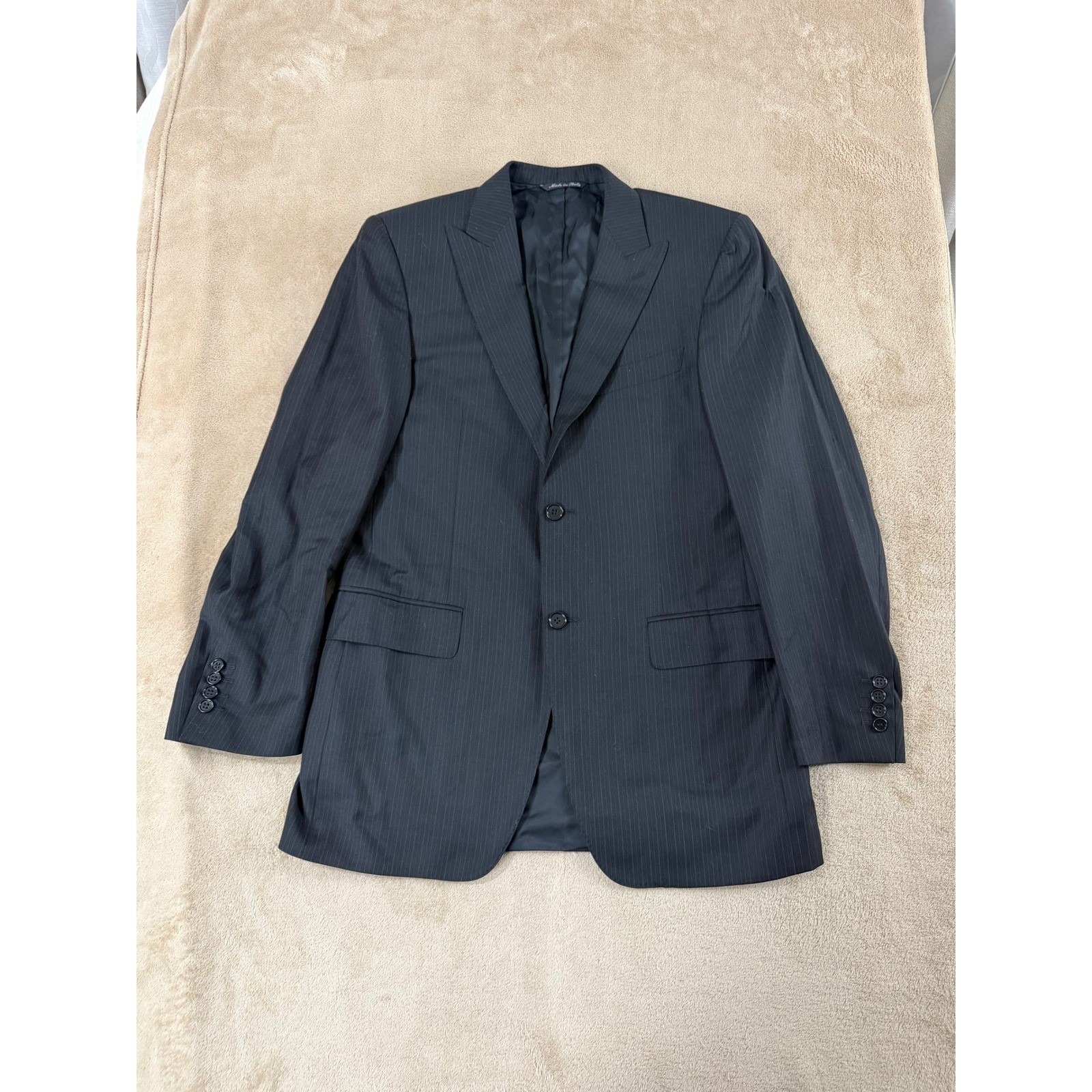 Canali Pinstrip Suit Jacket Blazer Men Size 48r Black Made In Italy 100% Wool